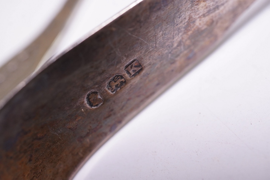 Five assorted 19th century Scottish silver condiment spoons, various dates and makers, a pair of George III silver sugar tongs, two other small silver spoons, 4.9oz and a silver plated preserve spoon. Condition - poor to